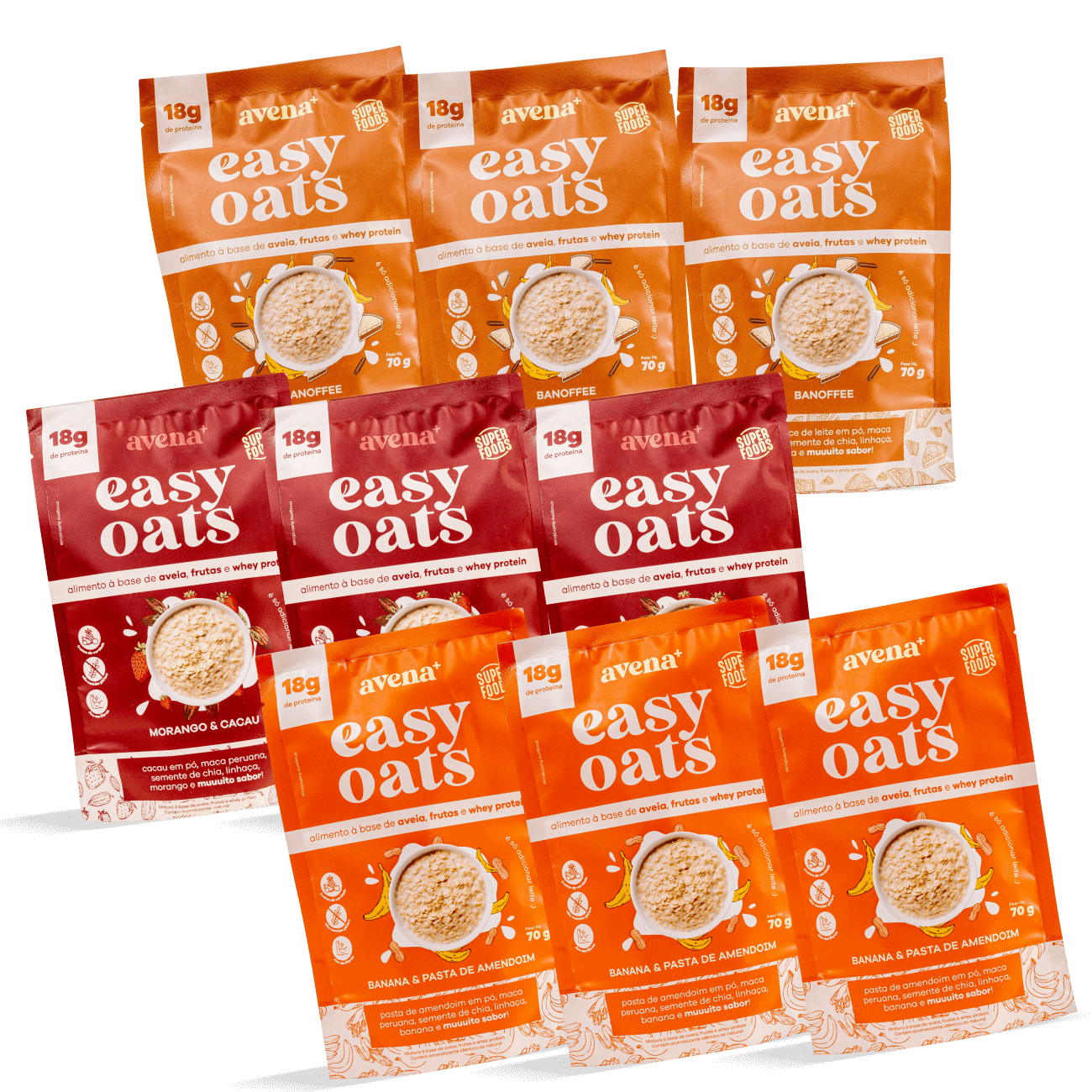 Caixa Experimenta Trio - Banoffee + Morango e Cacau + Banana com pasta de amendoim - 9 unidades (R$16,90/und)